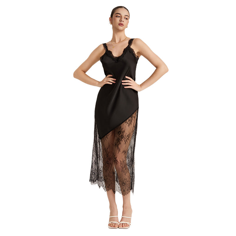 Satin Chiffon Asymmetrical Hem Sheer Lace Strappy Maxi Dress
