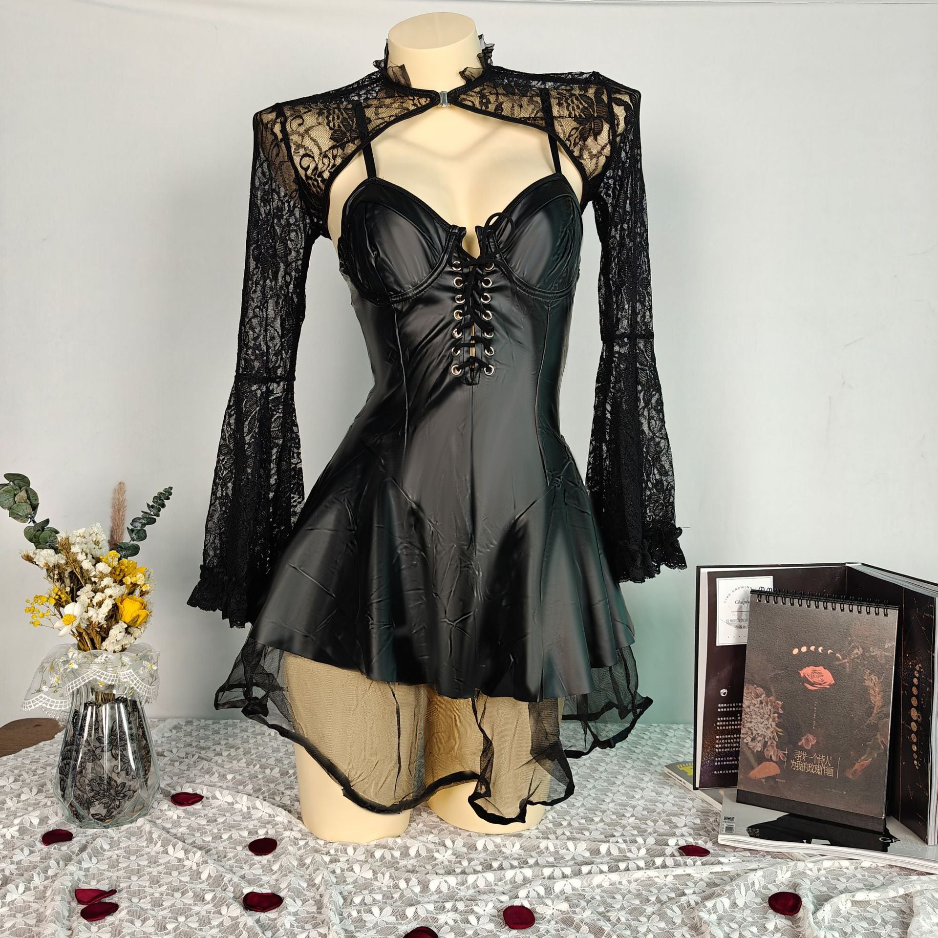 Women's Black Lace Flare Long Sleeve PU Lace-Up Slip Dress Set