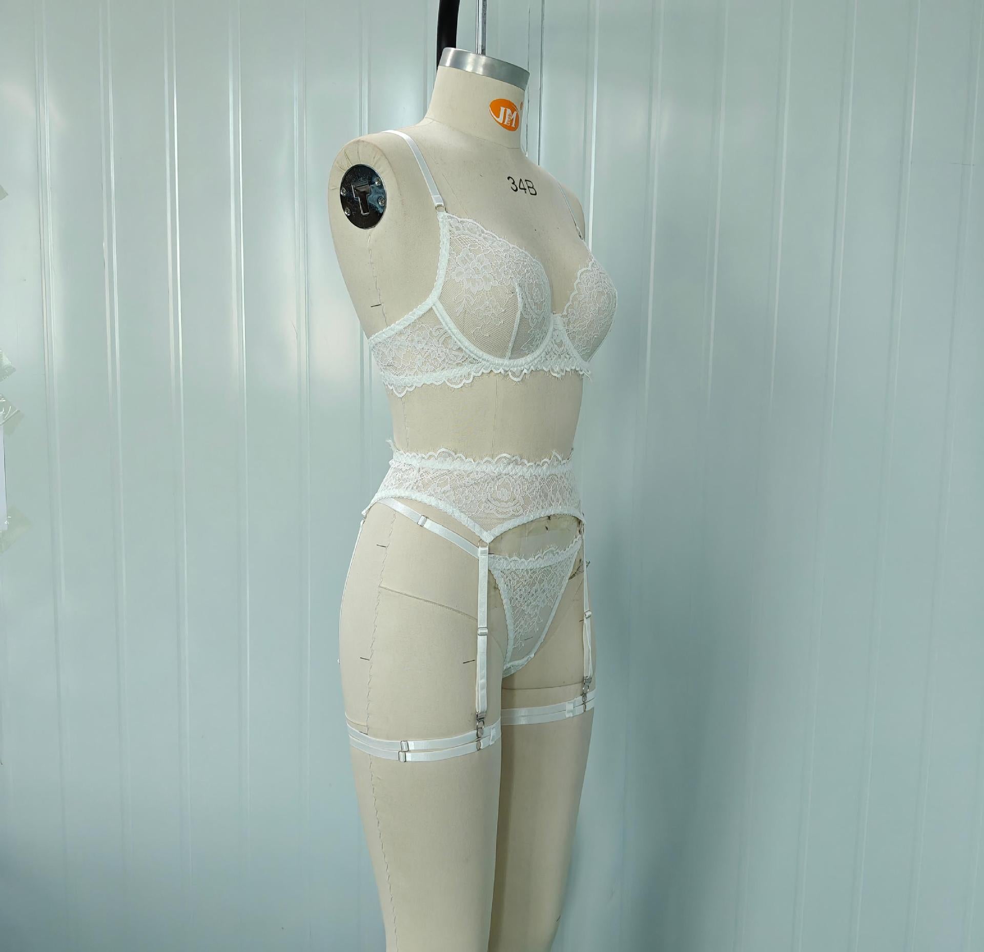 Women's Sexy Sheer White Lace Lingerie 3-Piece Set with Leg Rings