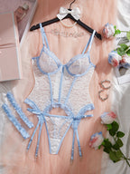 Lace Trim Underwire Push-Up Bra Garter Belt Leg Ring Sexy Bodysuit Lingerie Set