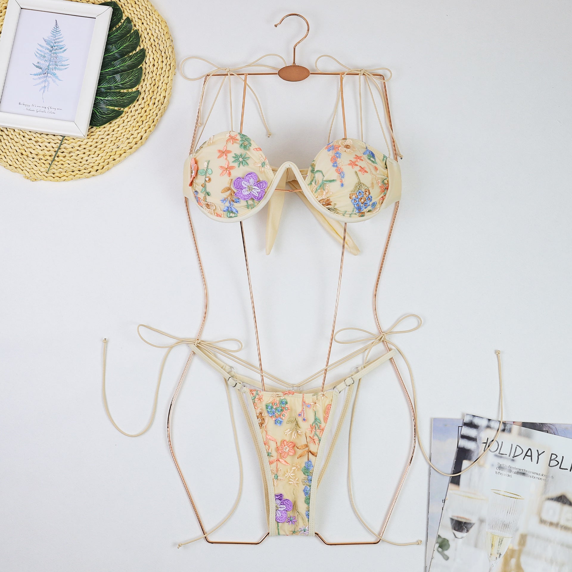 Embroidered Push Up Bikini Set with Thin Straps and Underwire