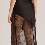 Satin Chiffon Asymmetrical Hem Sheer Lace Strappy Maxi Dress