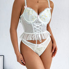 Women's Pastoral Floral Embroidery White Lace Lace-Up Waist Cincher Sexy Lingerie Set