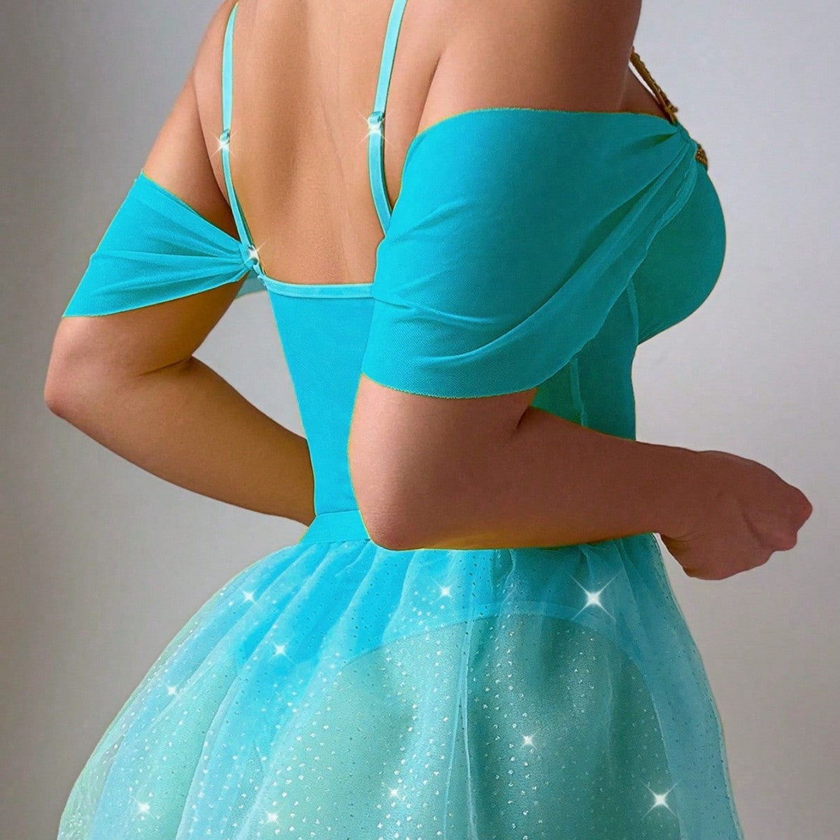 Shiny Bodysuit Tutu Skirt Fishnet Socks Lingerie Set