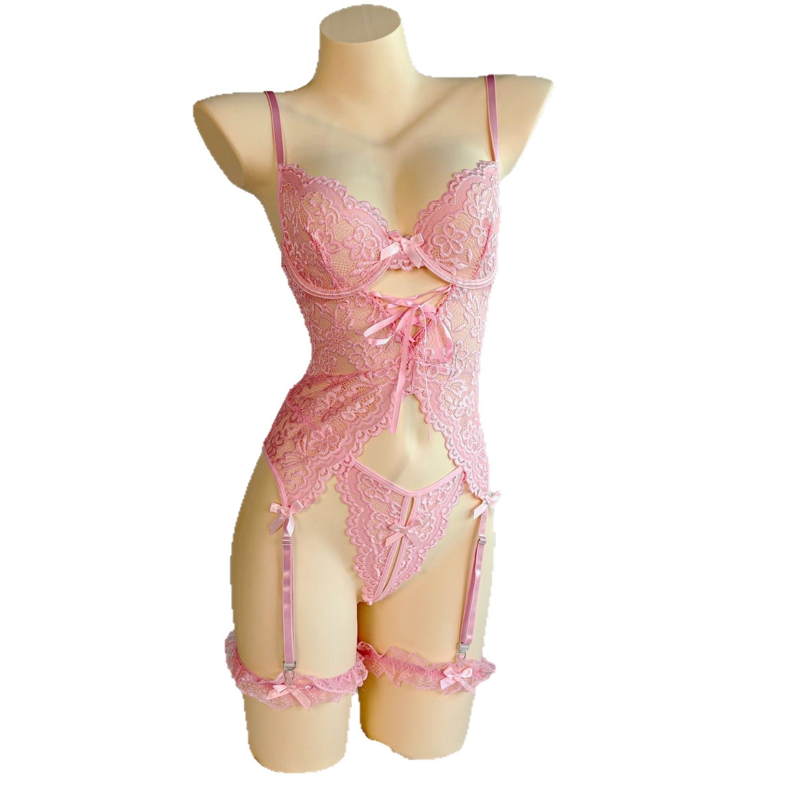 Women's Best-Selling Black Lace Sexy Patchwork Sheer Slim Fit Lingerie Set with Leg Rings