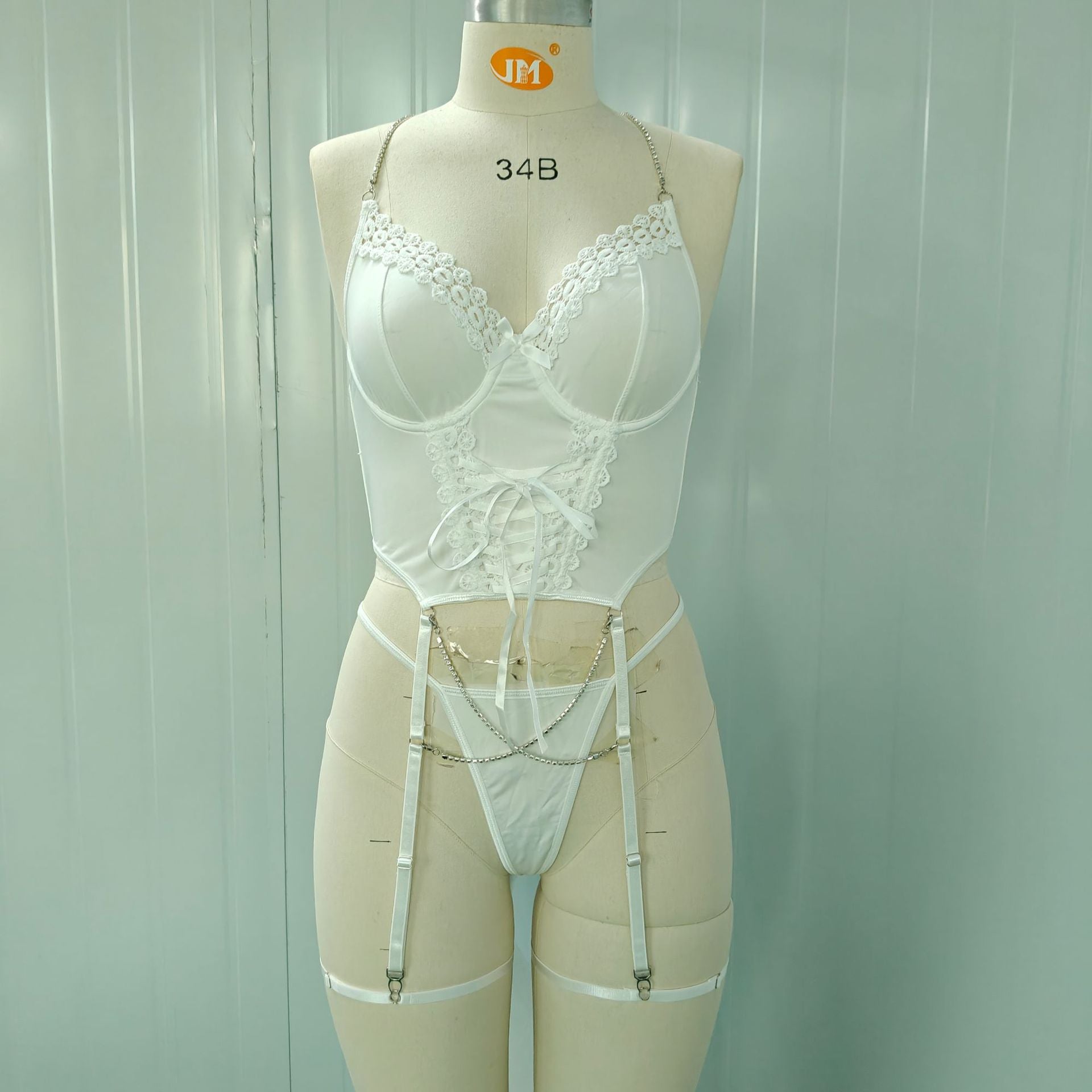 Women's White Chain Decor Sexy Bra & Thong Lingerie Set