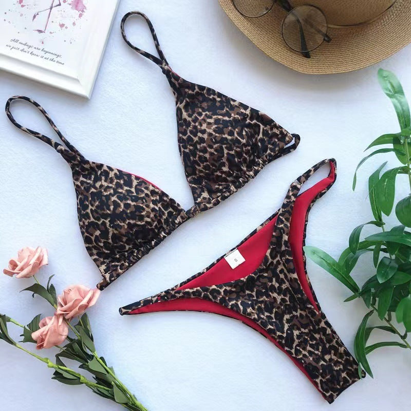 Sexy Leopard Print Three-Piece Bikini Set with Thong Bottom