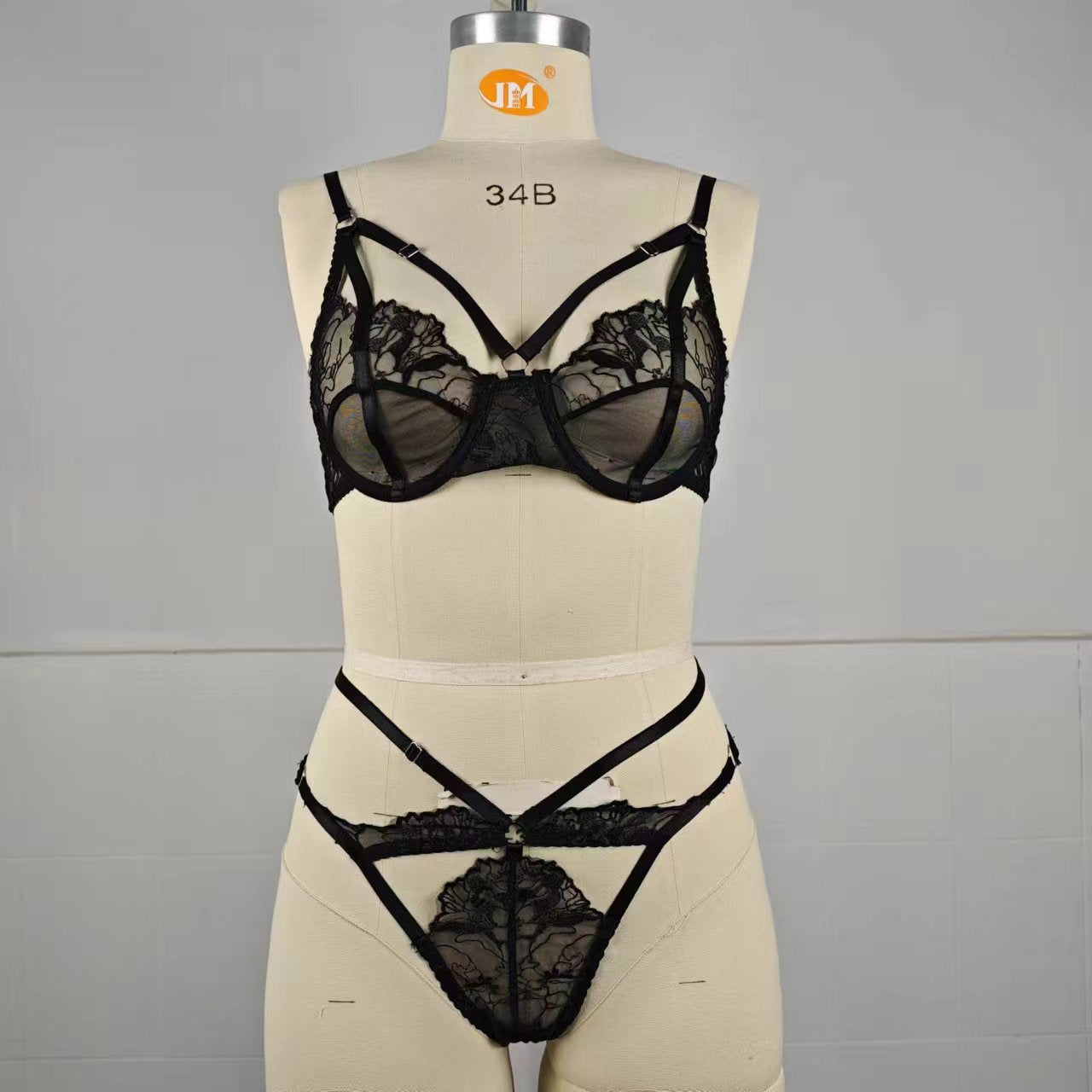 Women's Black Embroidery Sheer Patchwork Lingerie Set
