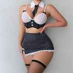 Women's Sexy Striped Bow Mini Skirt Uniform Lingerie Set