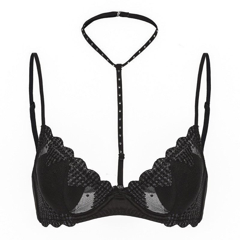 French Sheer Halter Bra Set Heart Embroidery Push Up