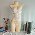 Women's Pastoral Floral Embroidery White Lace Lace-Up Waist Cincher Sexy Lingerie Set