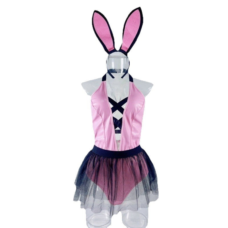 Bunny Girl Cosplay Lingerie Set - Cross Strap Design Split Mesh Skirt Outfit