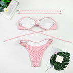 Polka Dot 3D Floral Bandeau Three-Piece Bikini Set