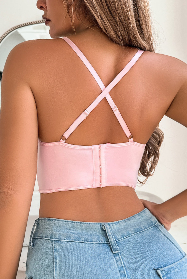 Women's Pink Butterfly Fish Bone Bustier Top with Hook Closure and Padded Cups