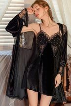Velvet Lace Embroidery Set Padded Mesh Panel Robe