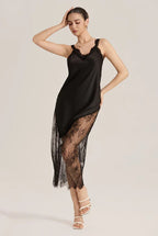 Satin Chiffon Asymmetrical Hem Sheer Lace Strappy Maxi Dress