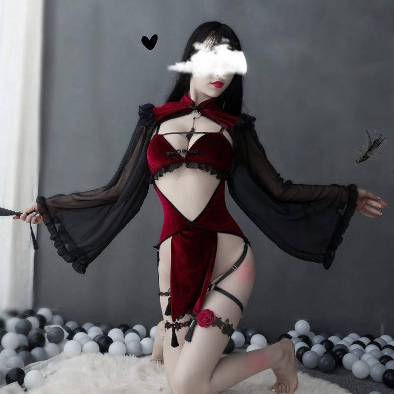 Dark Witch Cutout Silk Sleeve Cheongsam Lingerie Set