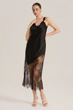 Satin Chiffon Asymmetrical Hem Sheer Lace Strappy Maxi Dress