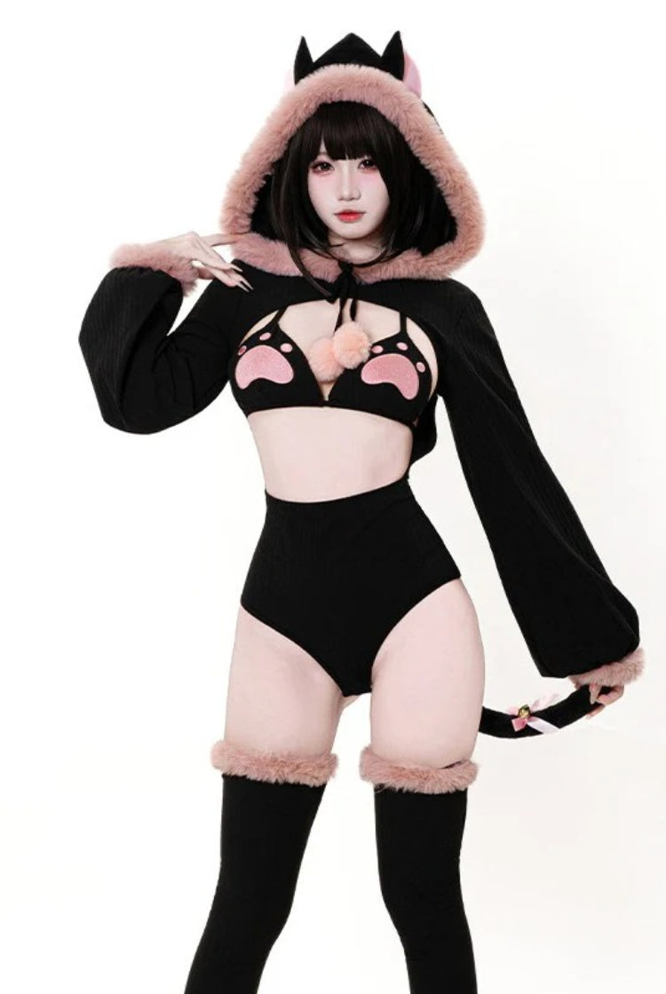 Japanese Style Cute Cat Bodysuit Bikini Set with Detachable Fluffy Tail & Ears