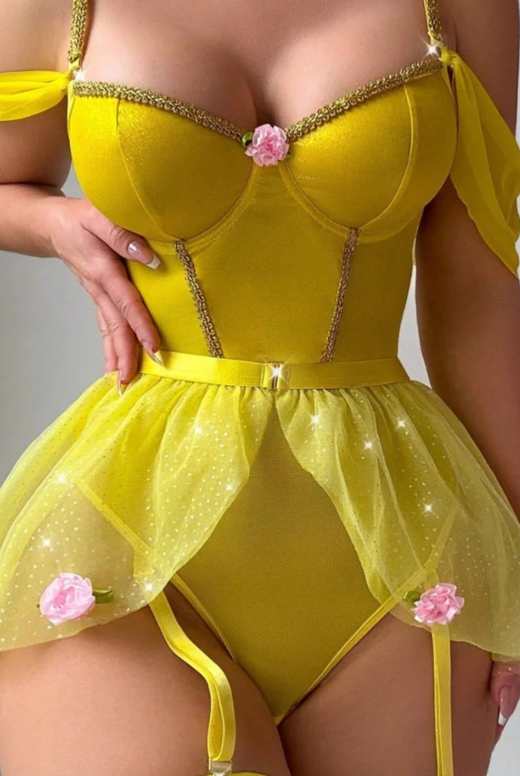 Shiny Bodysuit Tutu Skirt Fishnet Socks Lingerie Set