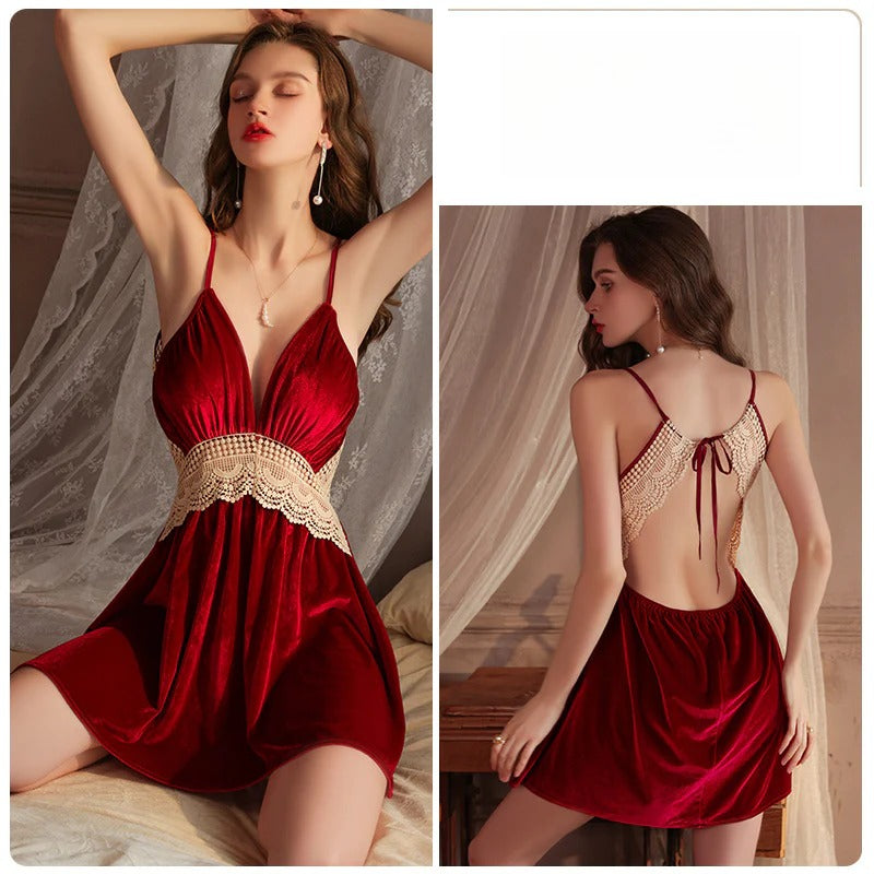 Velvet Padded Deep V Backless Lace Robe Fall Winter