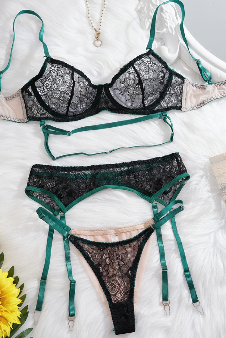 Women's Green Sheer Bra Lingerie Set with Garter Belt 3-Piece