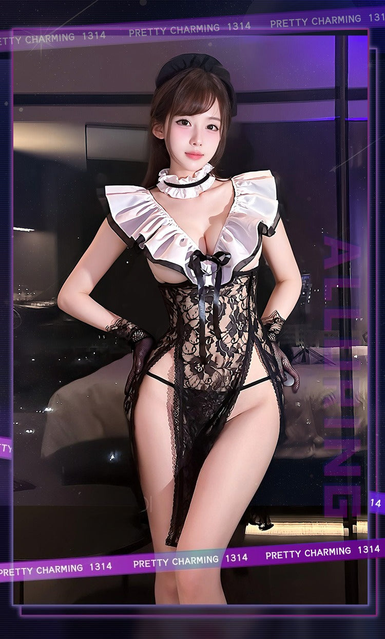 Sexy Sheer Maid Costume with Lace Open Cup Design