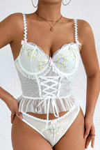 Women's Pastoral Floral Embroidery White Lace Lace-Up Waist Cincher Sexy Lingerie Set