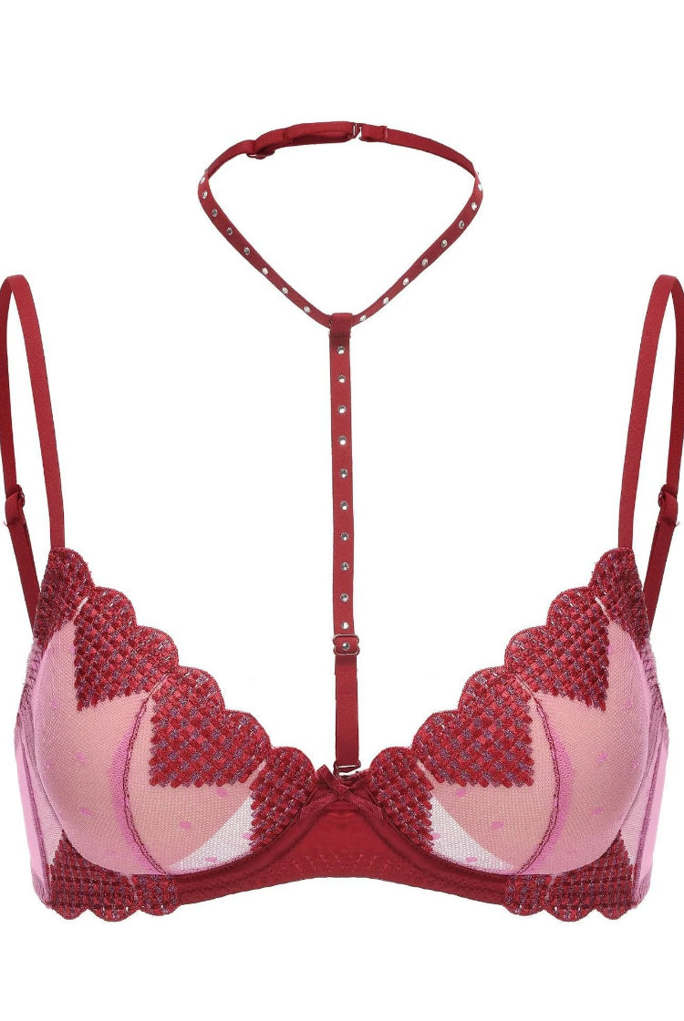 French Sheer Halter Bra Set Heart Embroidery Push Up
