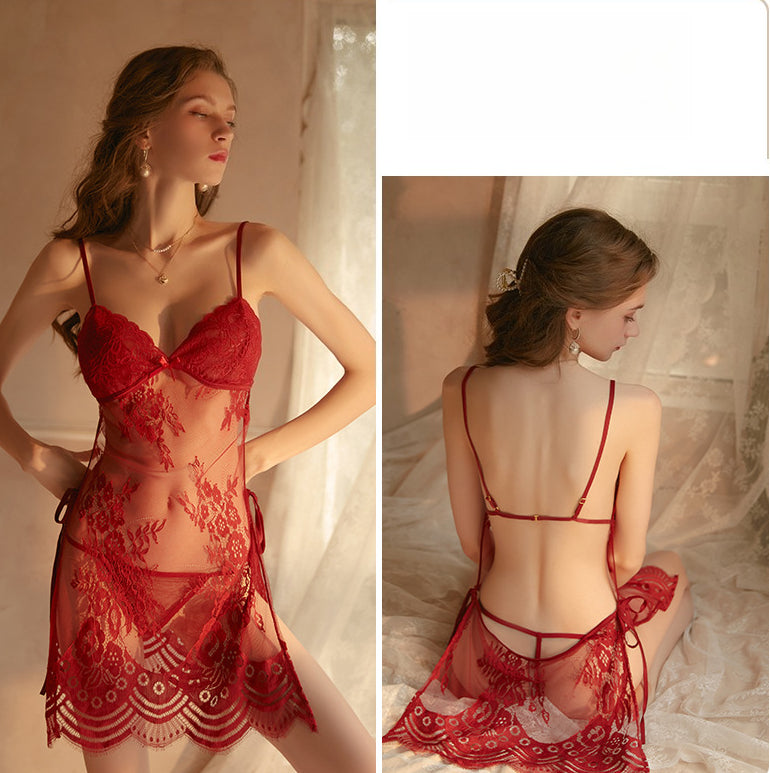 Sexy Backless Slip Set - Transparent Lace Suspender Nightwear